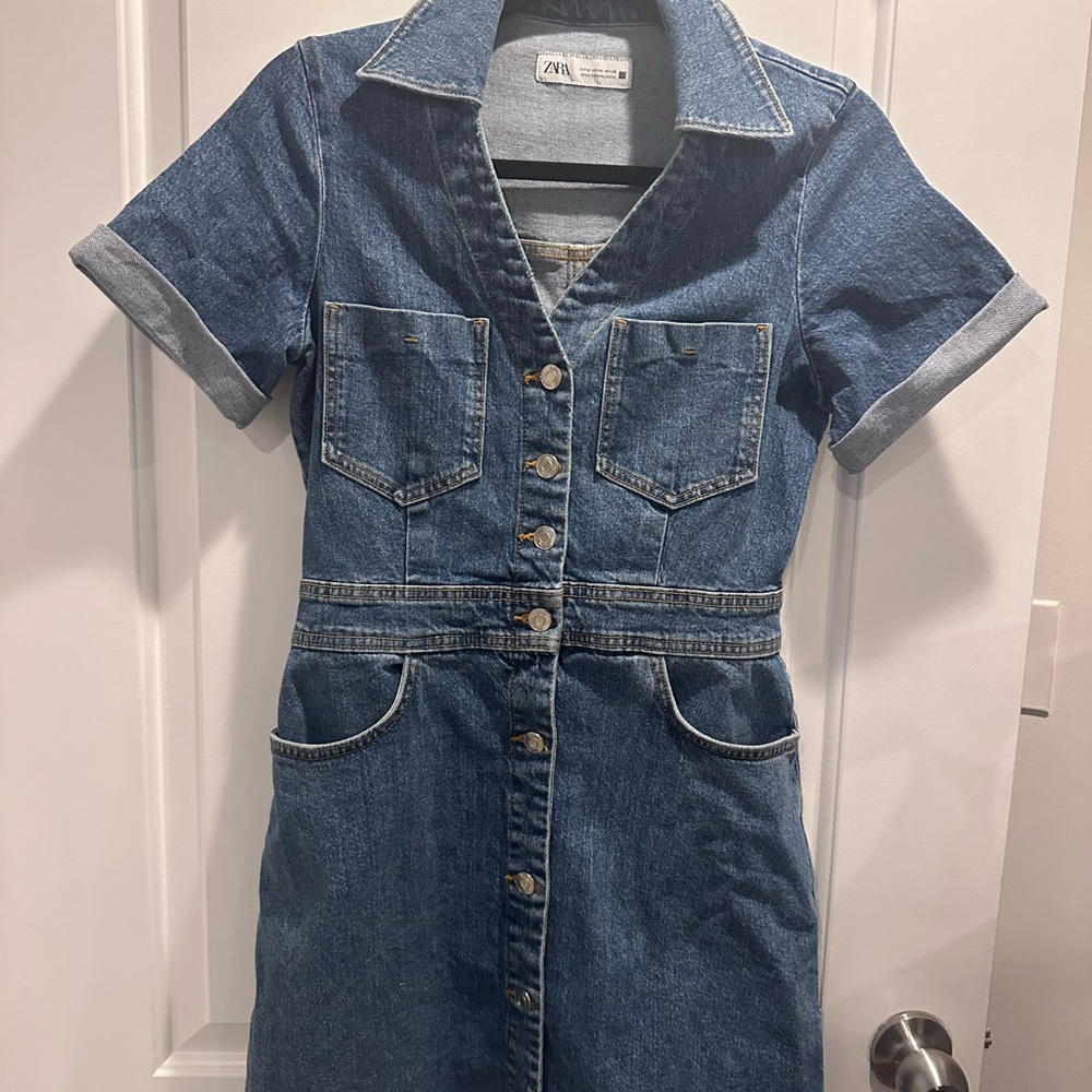 Zara Dark Blue Denim Button-Front Mini Dress